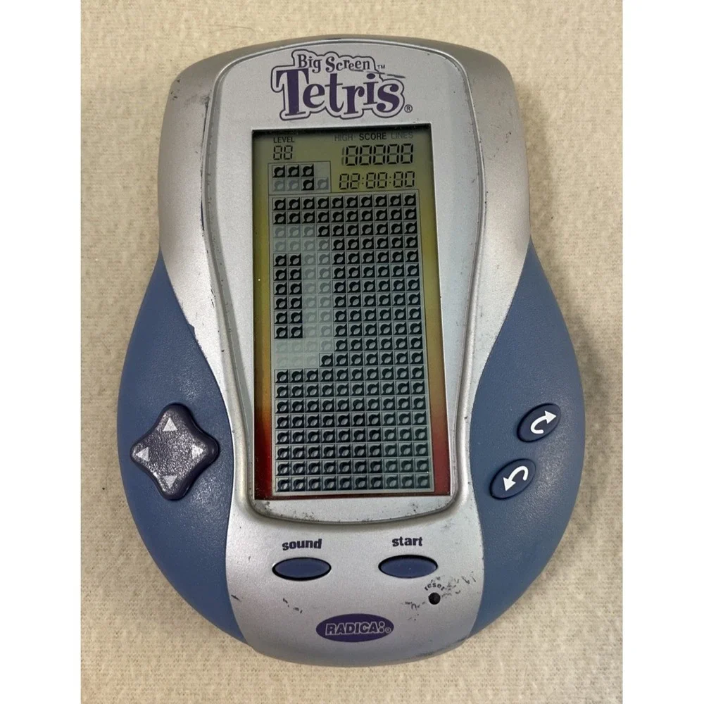 Radica Big Screen Tetris Handheld Electronic Game Blue Silver Vintage Works